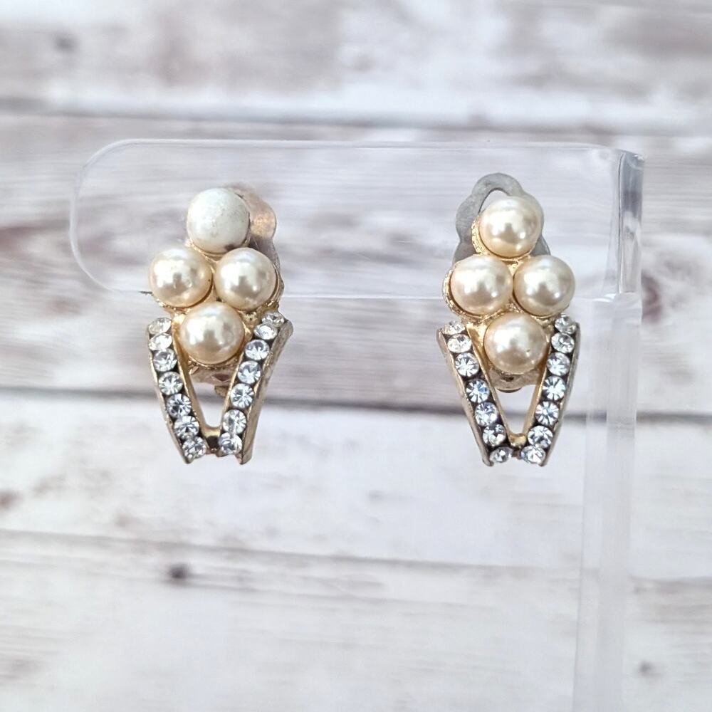 Vintage Clip On Earrings Faux Pearls & Clear Gems - One Faux Pearl With Issues